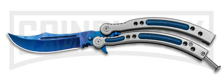 Beautiful Andux CS butterfly knife with blue inlays. Affordable, budget balisong that Counter Strike fans will love.