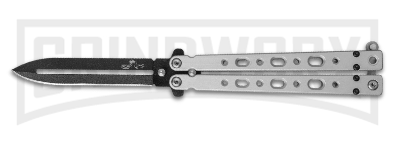 Awesome Bear OPS Bear Song V butterfly knife with aluminum handles and black-coated blade. Affordable, mid-range knife that seasoned balisong enthusiasts will love.