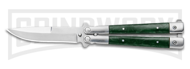 Beautiful Noble Flipper butterfly knife with green sim marble inlays. Affordable, budget balisong perfect for beginners.